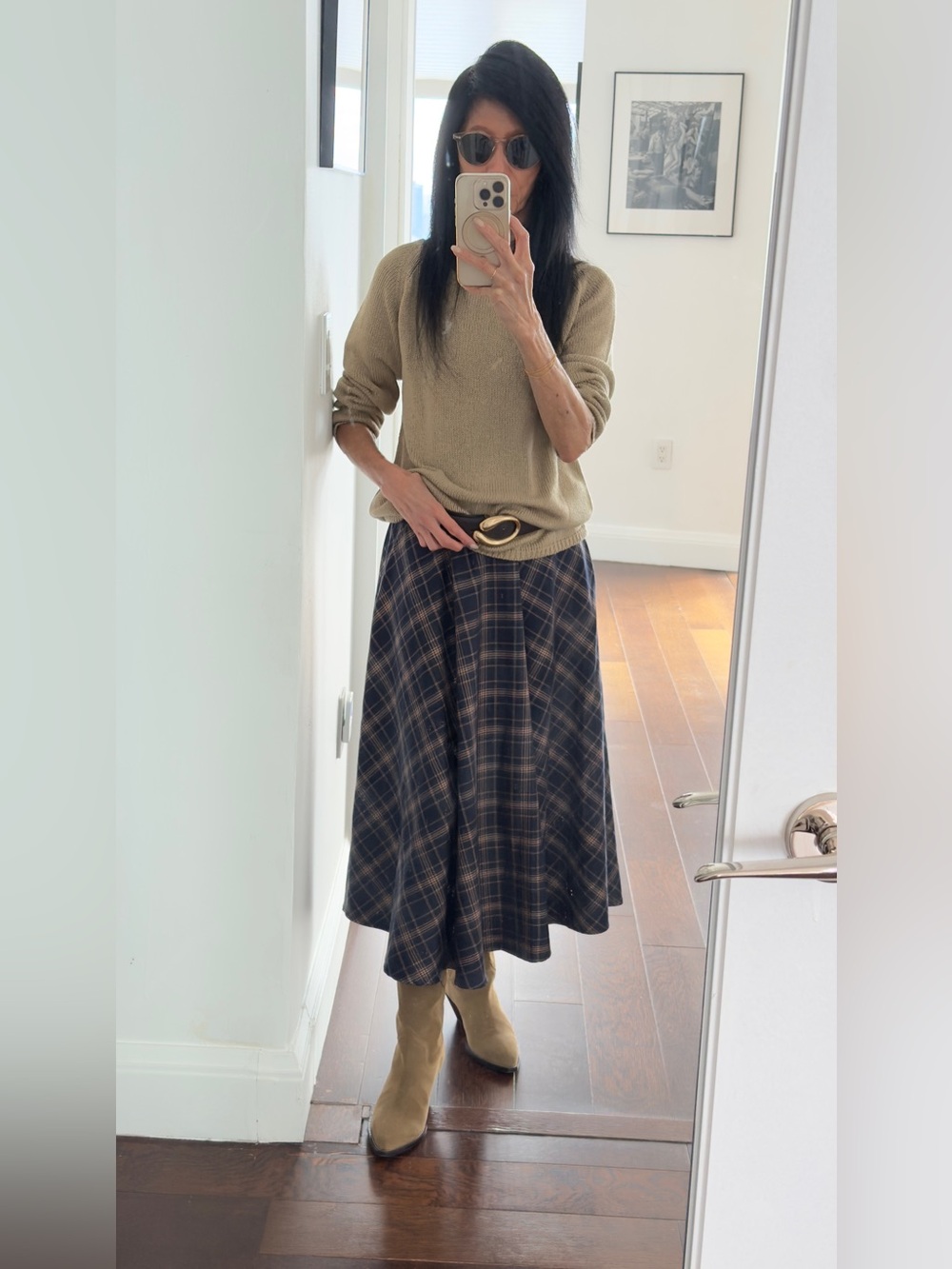 Commense Brown and Navy Plaid Midi Skirt